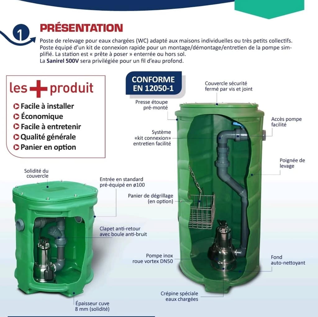 Poste de relevage eaux chargés en sortie de fosse septique ou filtre compact.
