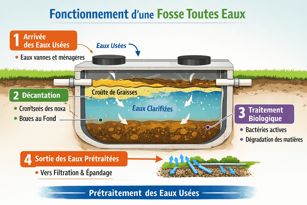 Principe de fonctionnement d'une fosse septique toutes eaux.