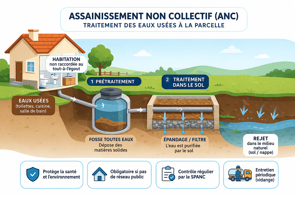 Schéma de principe de l'assainissement non collectif ou (ANC)