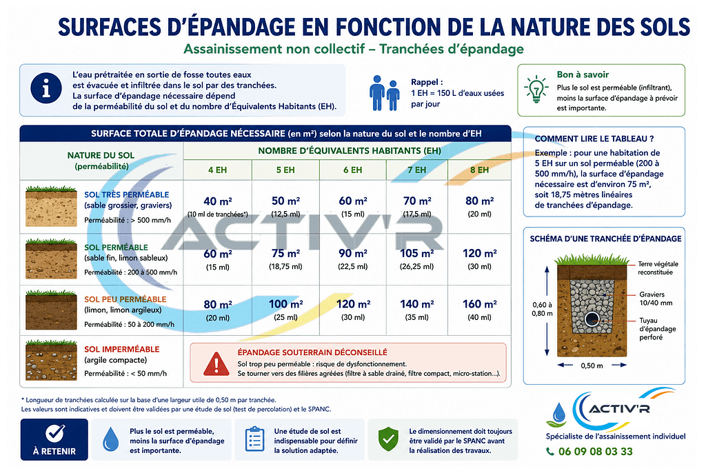 Découvrez comment calculer la surface d'épandage nécessaire selon la perméabilité du sol et le nombre d'Équivalents Habitants (EH).