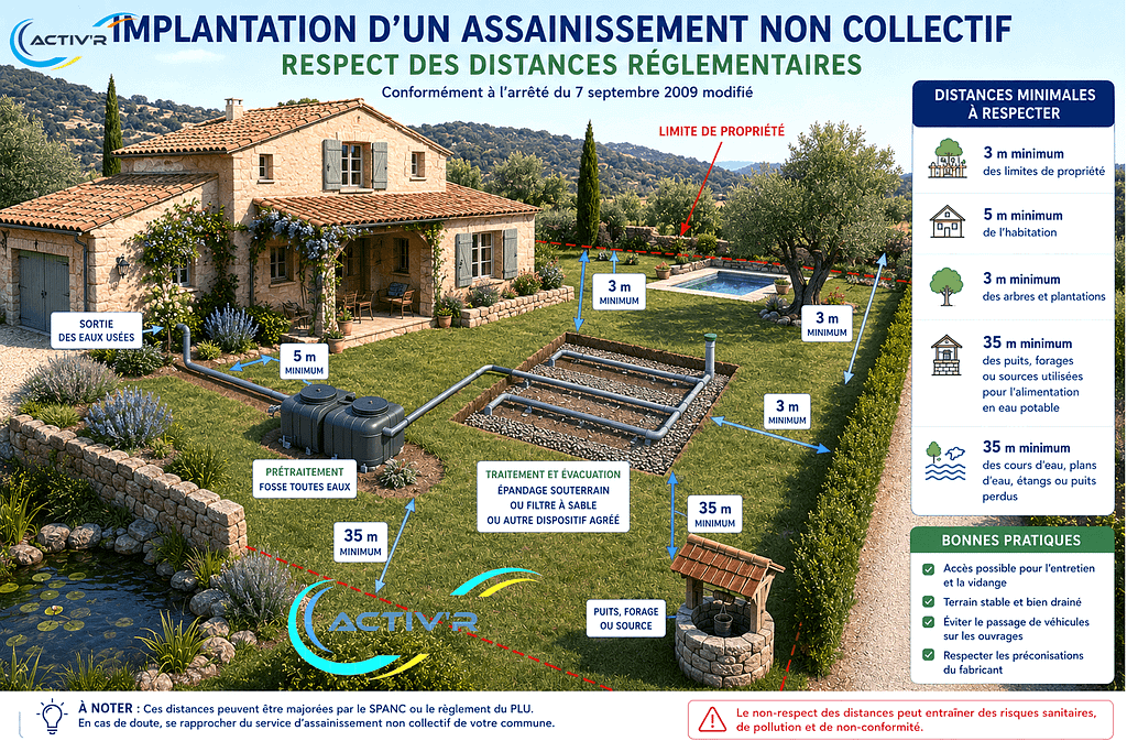 Schéma Implantation Assainissement Non Collectif – Distances Réglementaires ANC