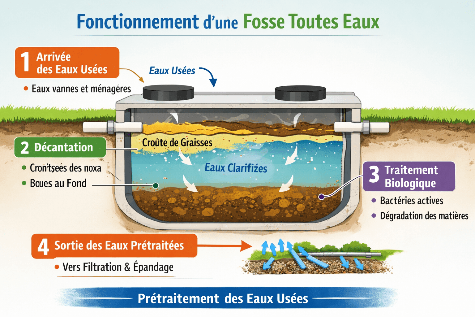 Principe de fonctionnement d'une fosse septique toutes eaux.