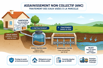 Schéma de principe de l'assainissement non collectif ou (ANC)