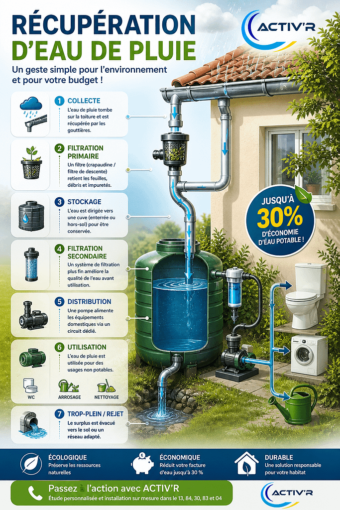 Récupérez l’eau de pluie pour vos toilettes : schéma clair, économique et écologique. Installation possible en 13, 84, 30, 83 et 04 avec Activ’R.